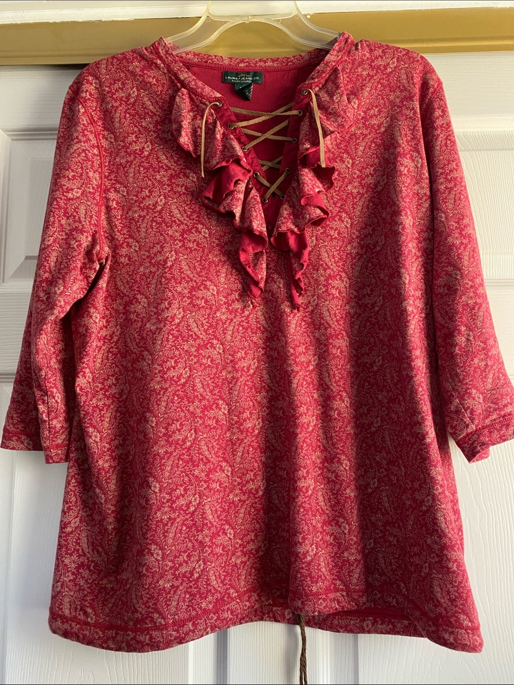 Lauren Jeans Co 1X Red Paisley Lace-Up Ruffle V-Neck Tunic